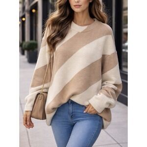 Cato Women's Beige Cream Striped Sweater Soft Knit Long Sleeve Size L